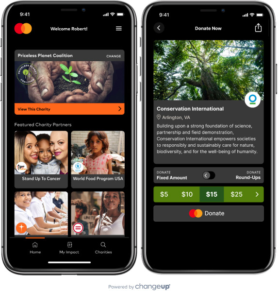 Mastercard Donate mobile app - designed and built by ChangeUp